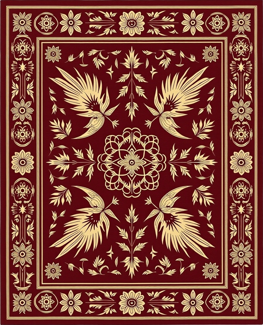 Crimson and Gold Floral Bird Rug
