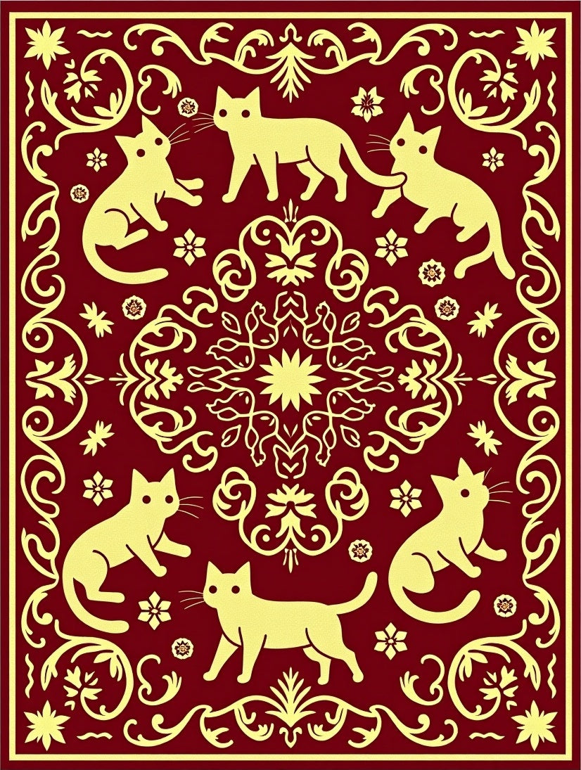 Crimson Yellow Cat Garden Medallion Rug