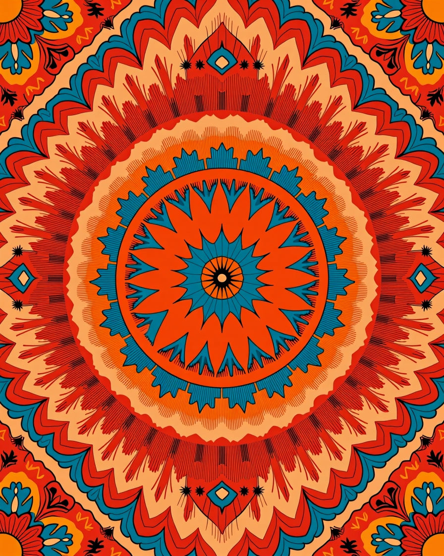 Vibrant Orange Teal Mandala Bloom Rug