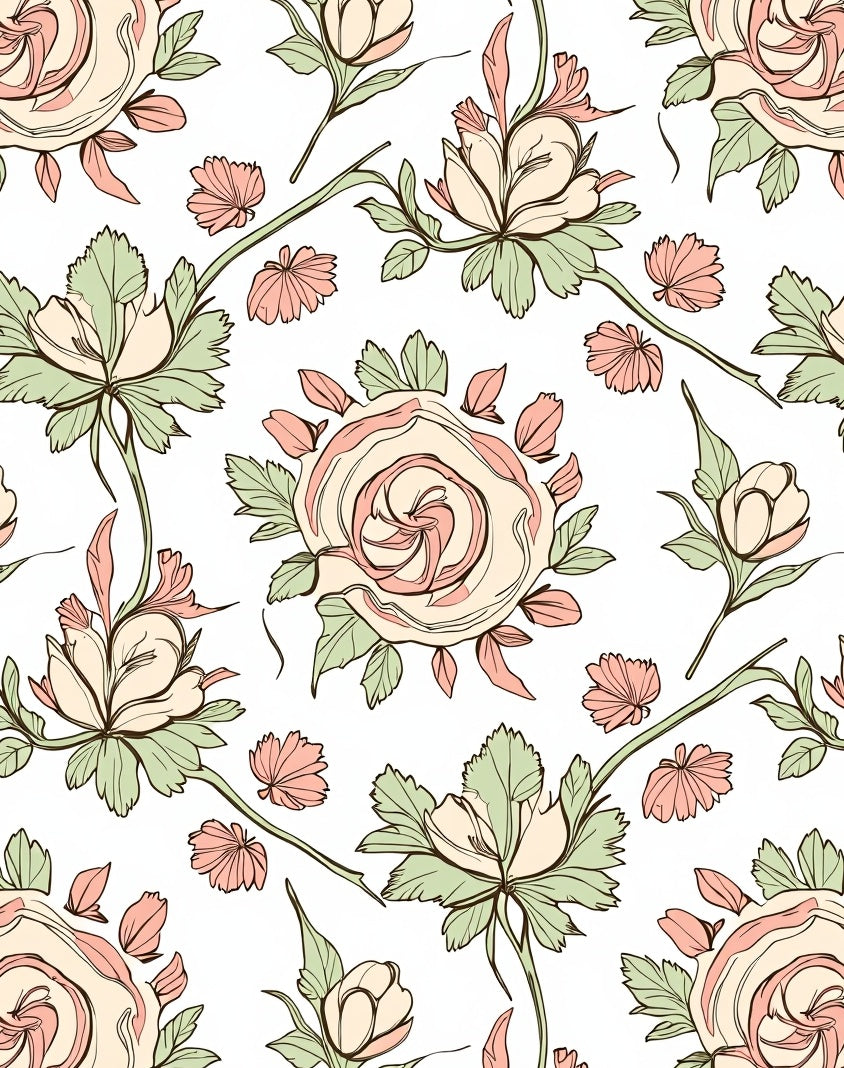 Soft Pink Pastel Floral Branch Outline Rug
