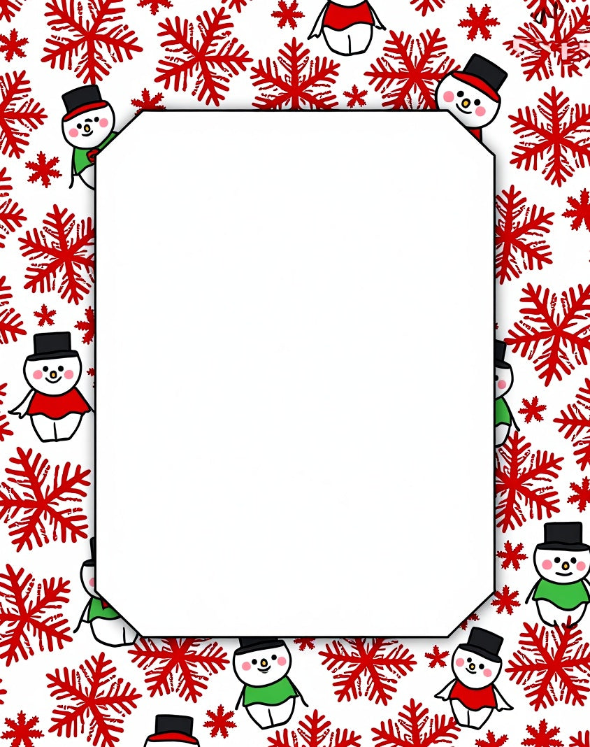 Whimsical Snowman Red Snowflake Border Rug