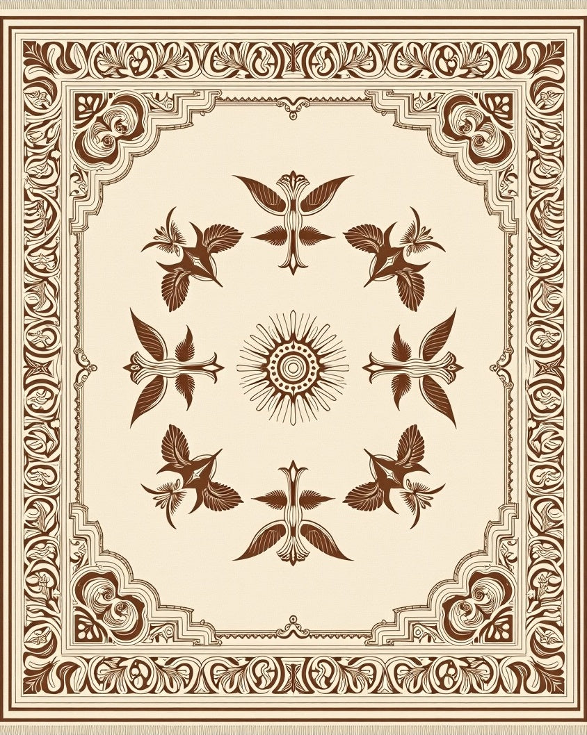 Ornate Brown Bird Sun Border Rug