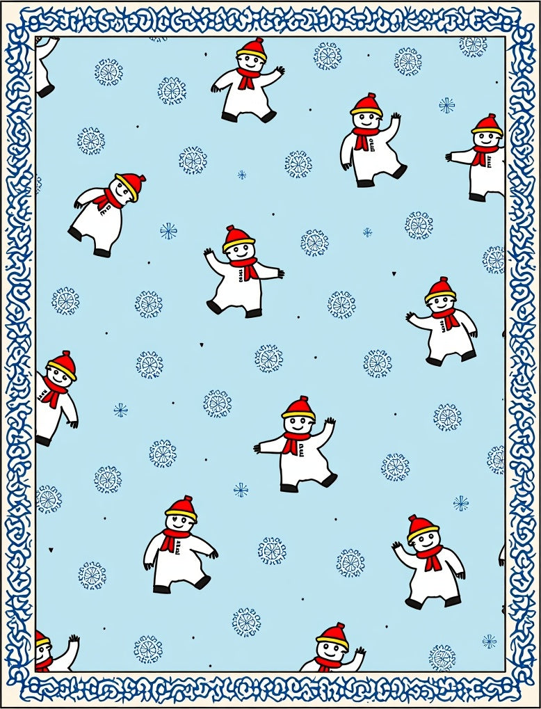 Light Blue Snowman Snowflake Winter Border Rug