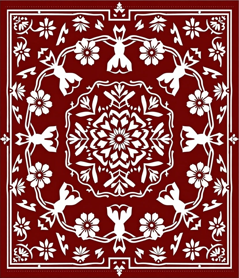 Deep Red Floral Mandala Medallion Rug