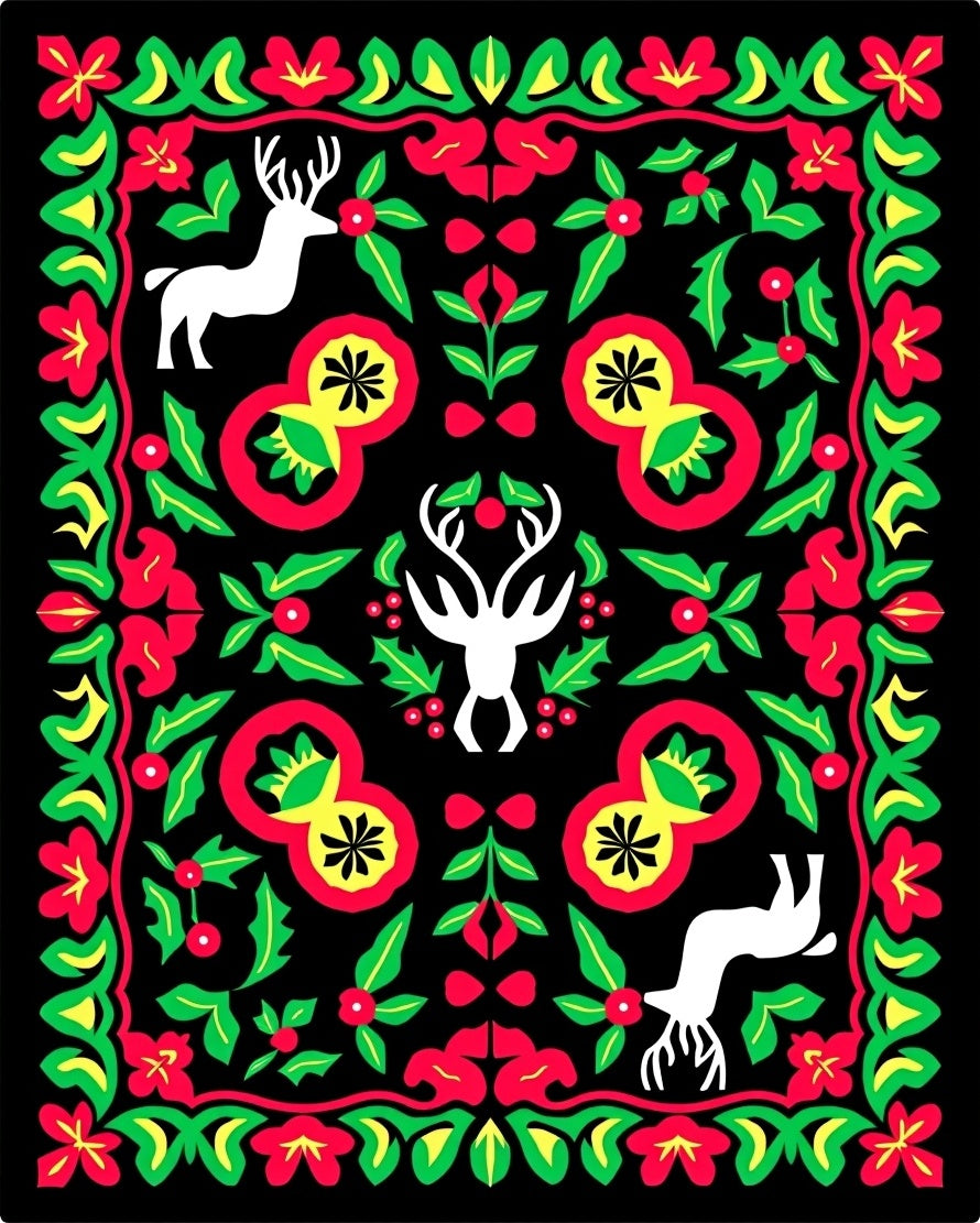 Black Festive Deer Floral Border Rug