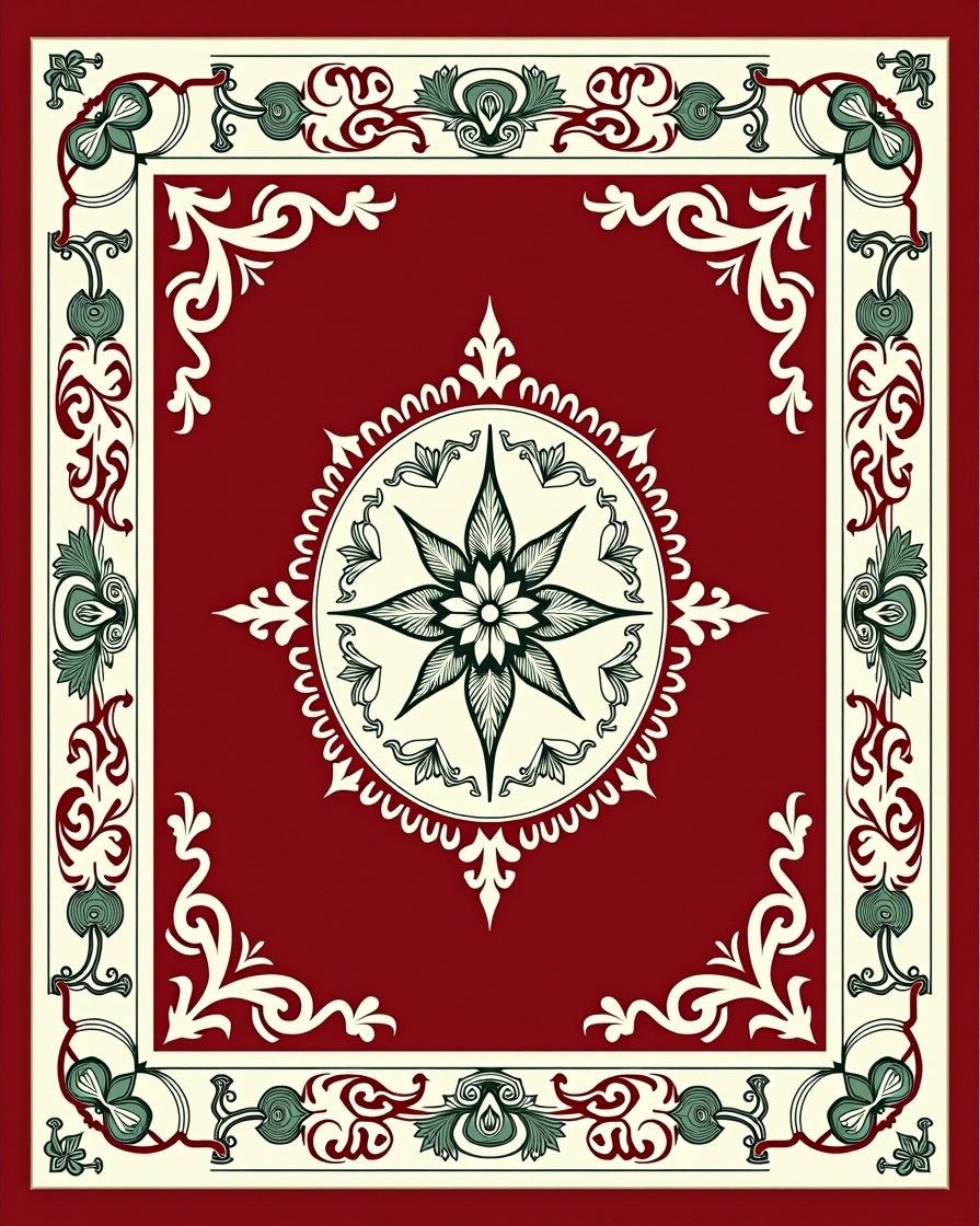 Crimson Red Botanical Medallion Border Rug