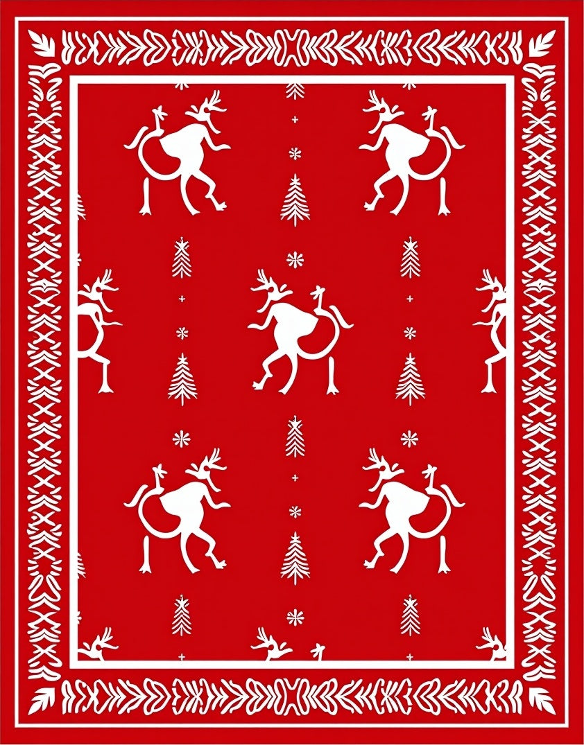 Red Whimsical Reindeer Forest Rug