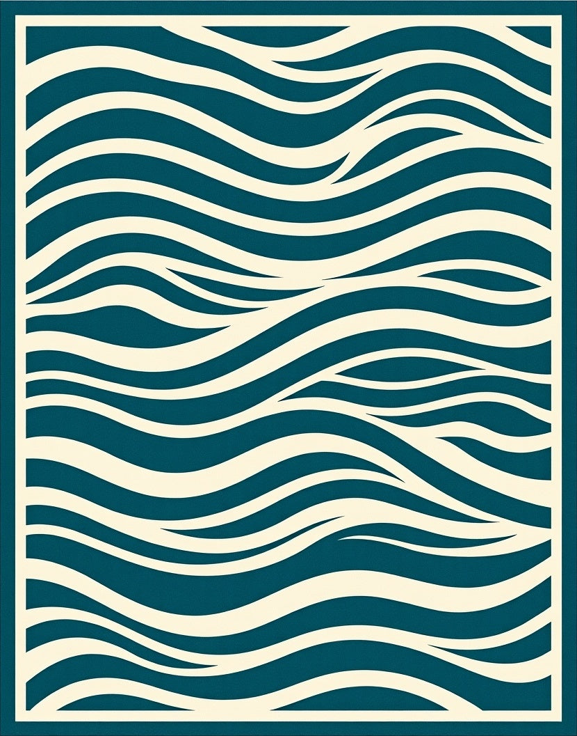 Deep Teal Ivory Flowing Waves Rug