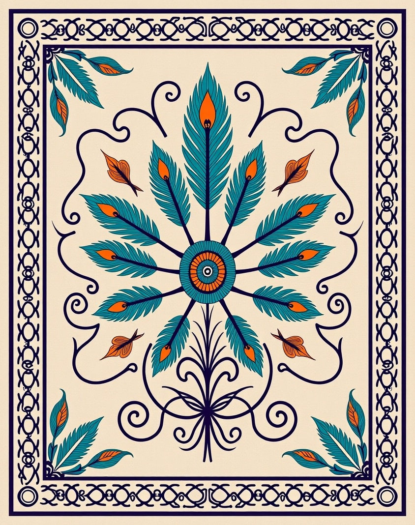 Teal Orange Feather Mandala Border Rug