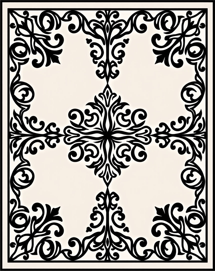 Ornate Black Scrollwork Cream Medallion Rug