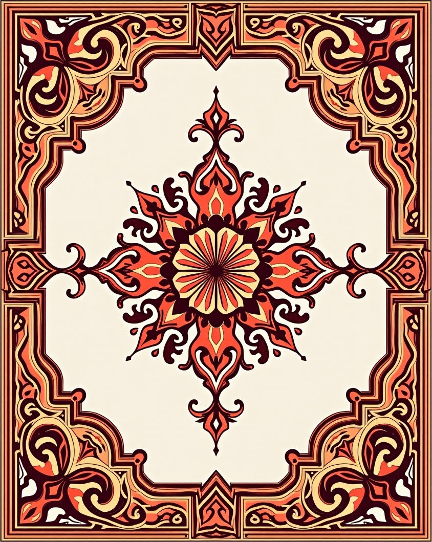 Crimson Orange Elaborate Medallion Frame Rug