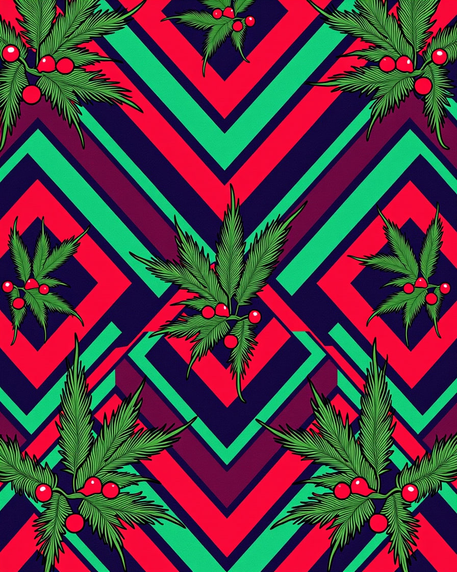Bold Green Leaf Red Berry Geometric Rug