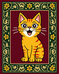 Retro Orange Striped Cat Floral Border Rug