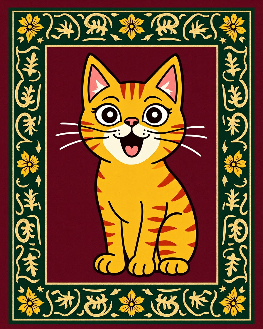 Retro Orange Striped Cat Floral Border Rug