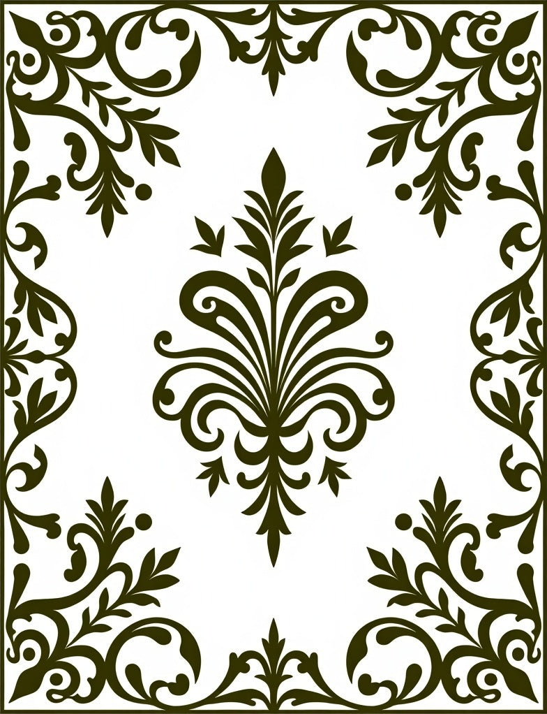 Dark Green Floral Scrollwork Border Rug