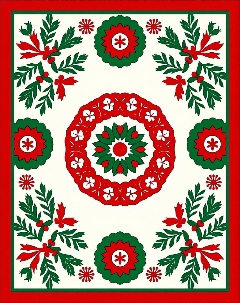 Crimson Green Festive Floral Medallion Rug