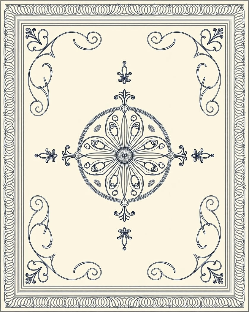 Cream Navy Filigree Medallion Border Rug