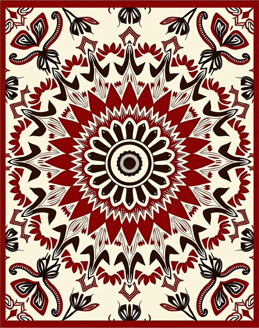 Crimson Medallion Floral Mandala Rug