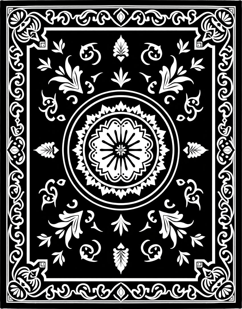 Black White Ornate Floral Centerpiece Rug