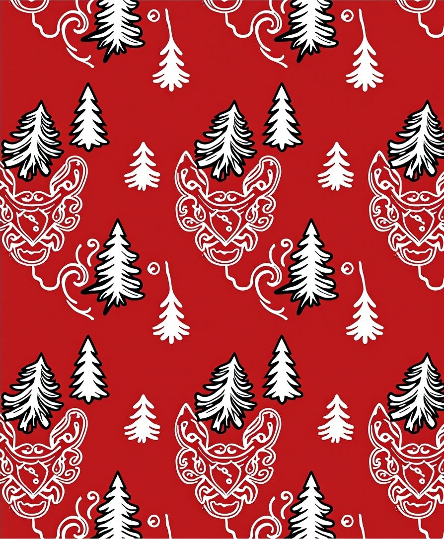 Red White Evergreen Forest Illustration Rug