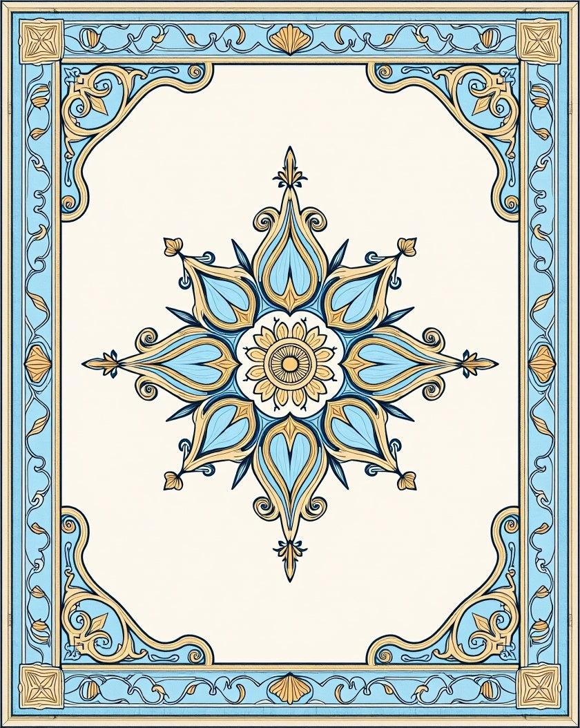 Blue Ochre Floral Medallion Border Rug