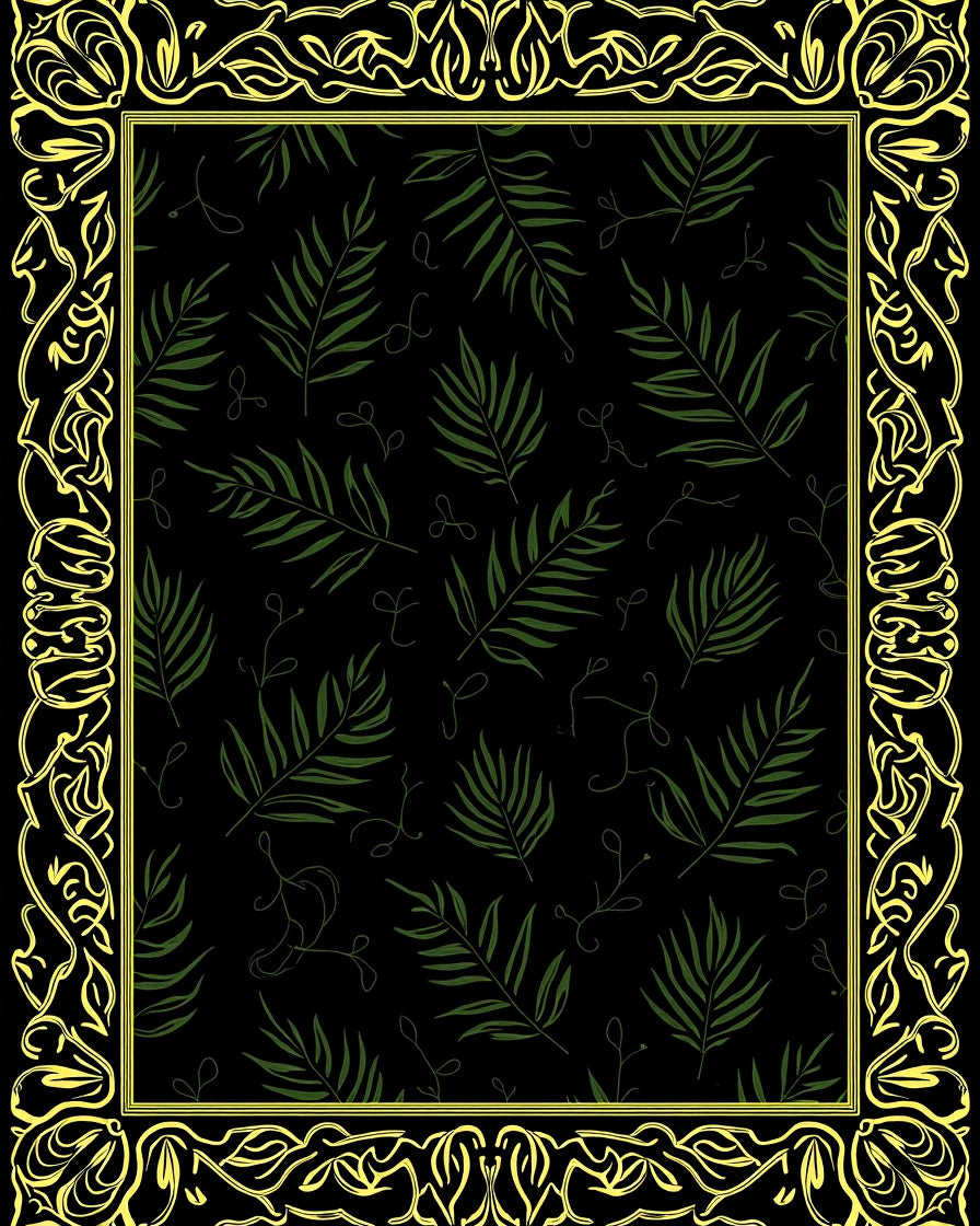 Black Green Fern Leaf Border Art Rug