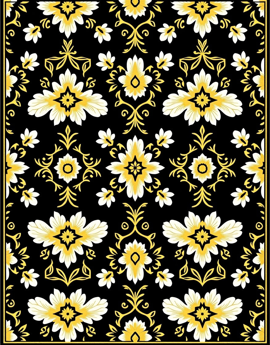 Black And Yellow Floral Medallion Rug
