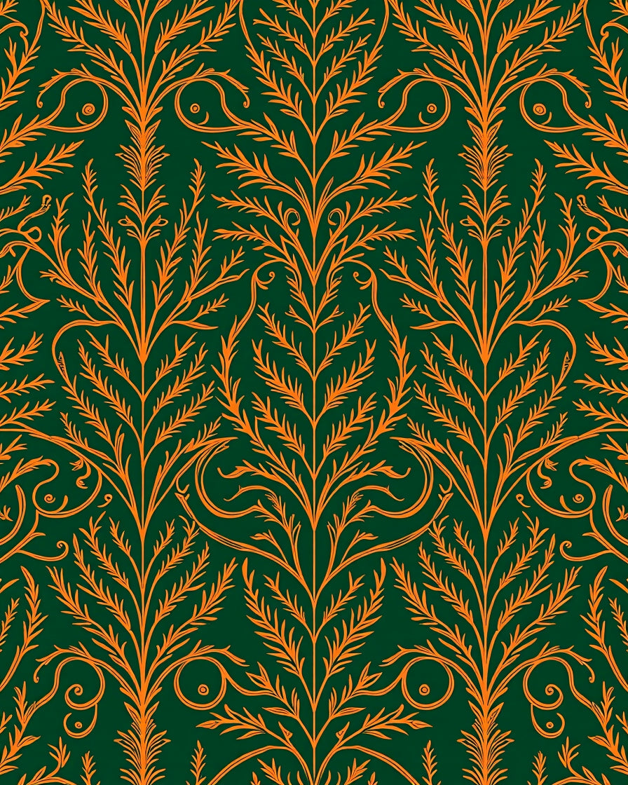 Emerald Orange Scrolling Vine Art Rug