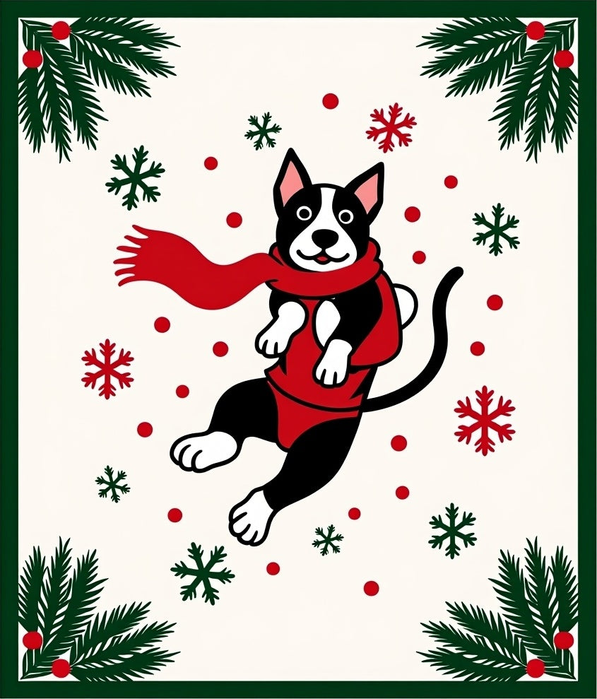 Festive Dog Snowflakes Red Scarf Border Rug