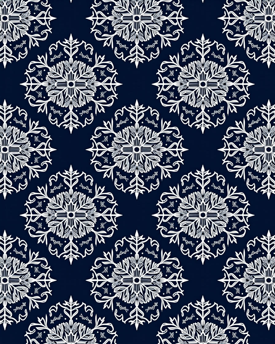 Ornate White Snowflake Navy Blue Rug