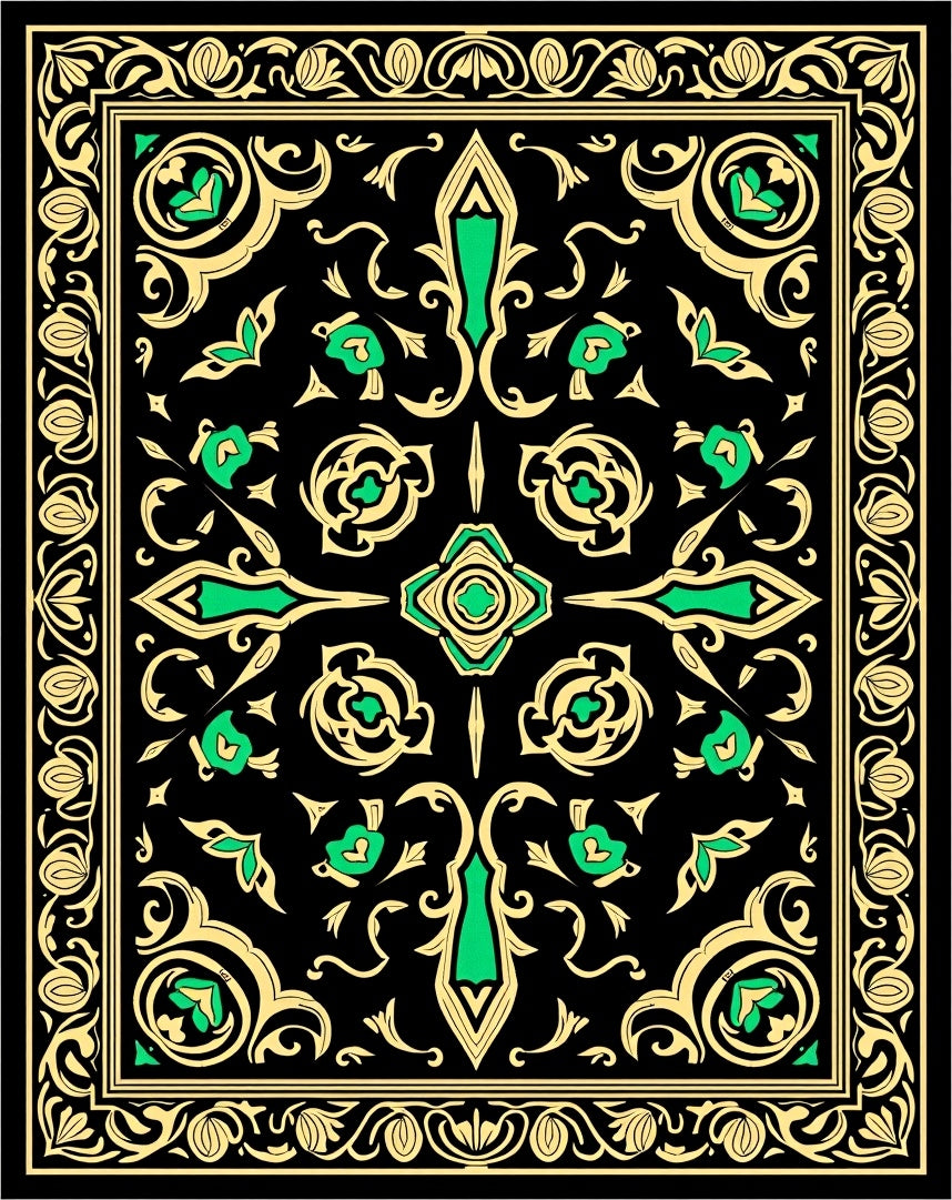Black gold green ornate floral Rug