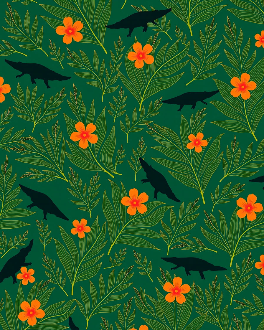 Dark Teal Alligator Orange Blossom Jungle Rug