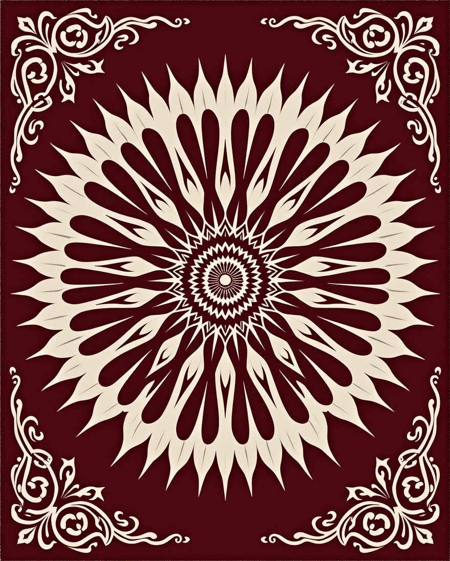 Crimson Cream Radial Mandala Floral Rug