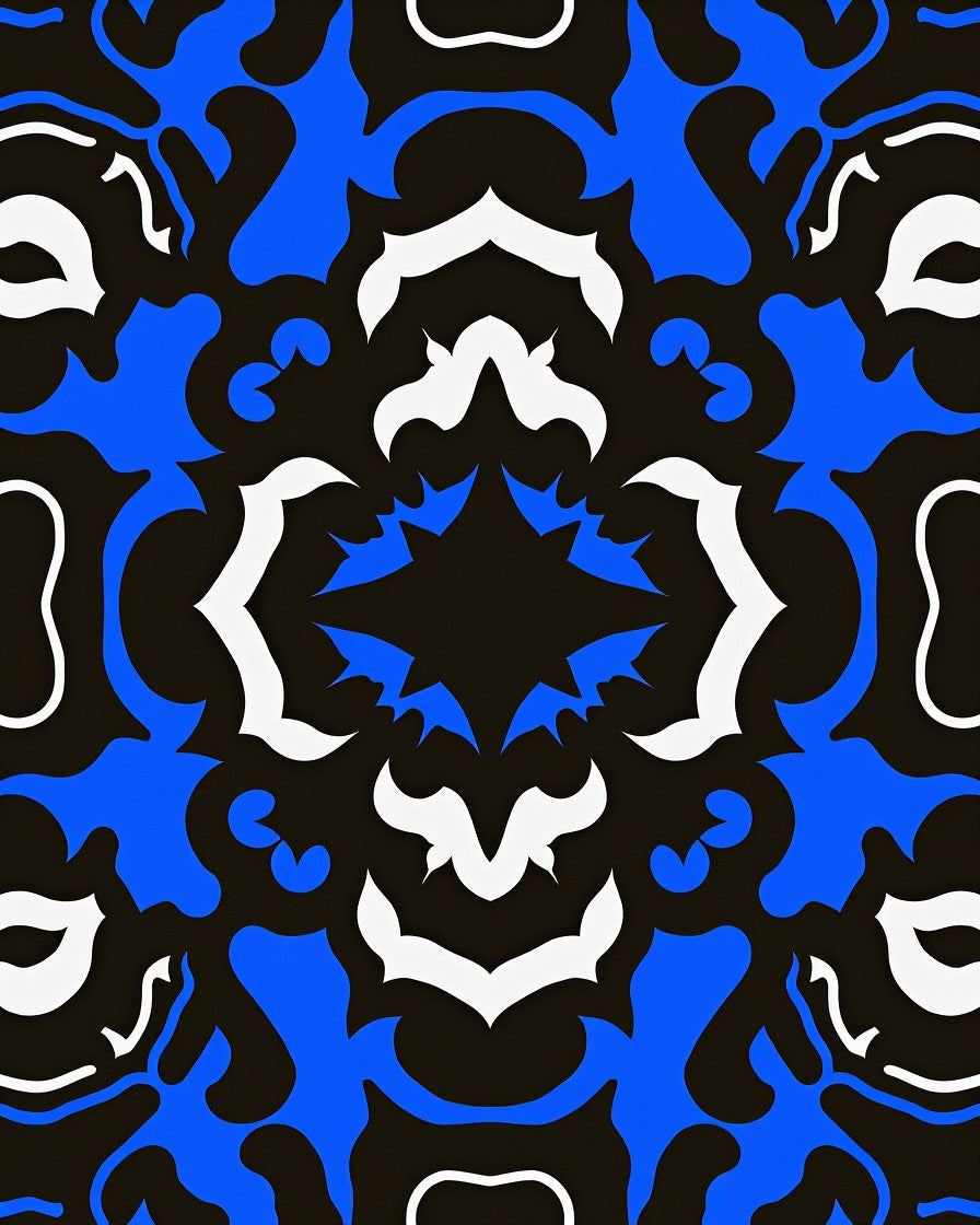 Bold Blue White Symmetrical Scroll Rug