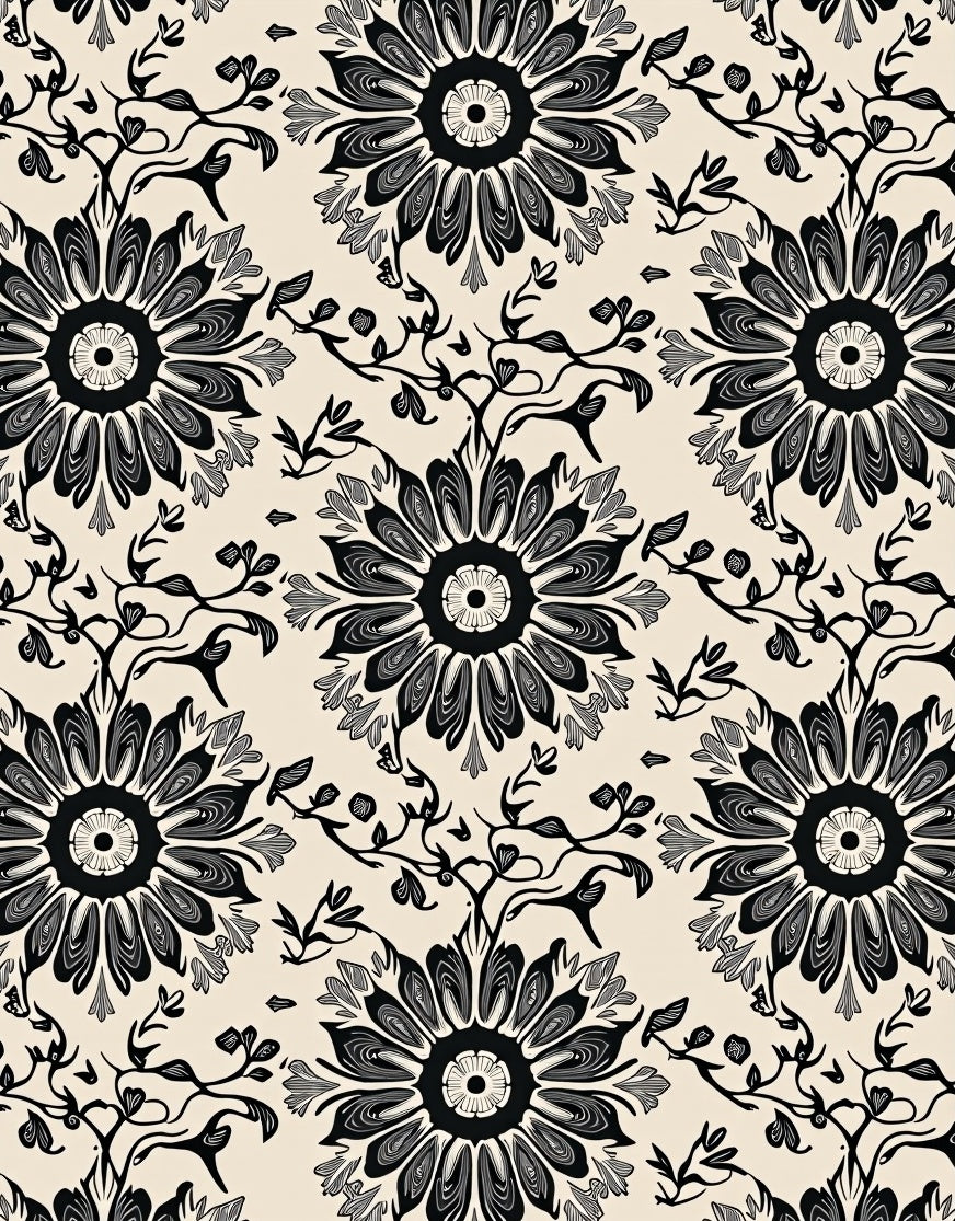 Black Ivory Floral Vine Arabesque Rug