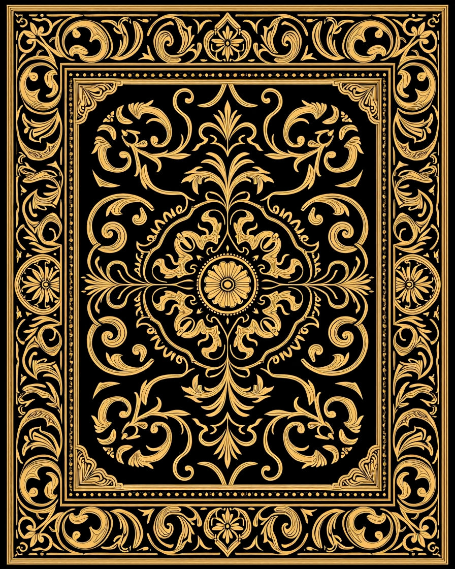 Elegant Gold Black Floral Scrollwork Medallion Rug