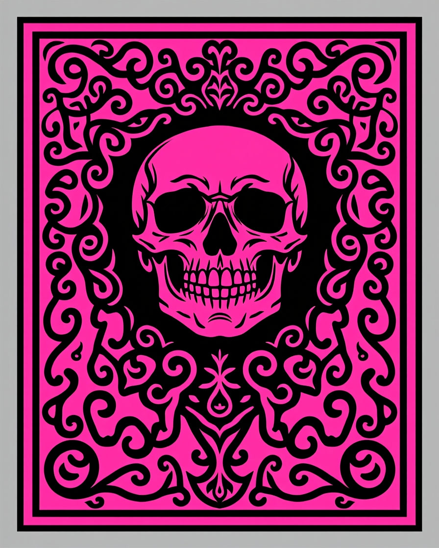 Vibrant Pink Skull Scrollwork Frame Rug