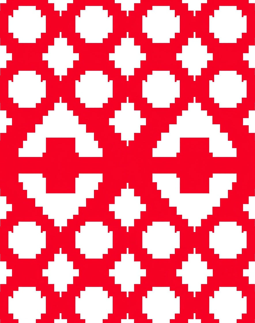 Crimson White Pixelated Geometric Layout Rug
