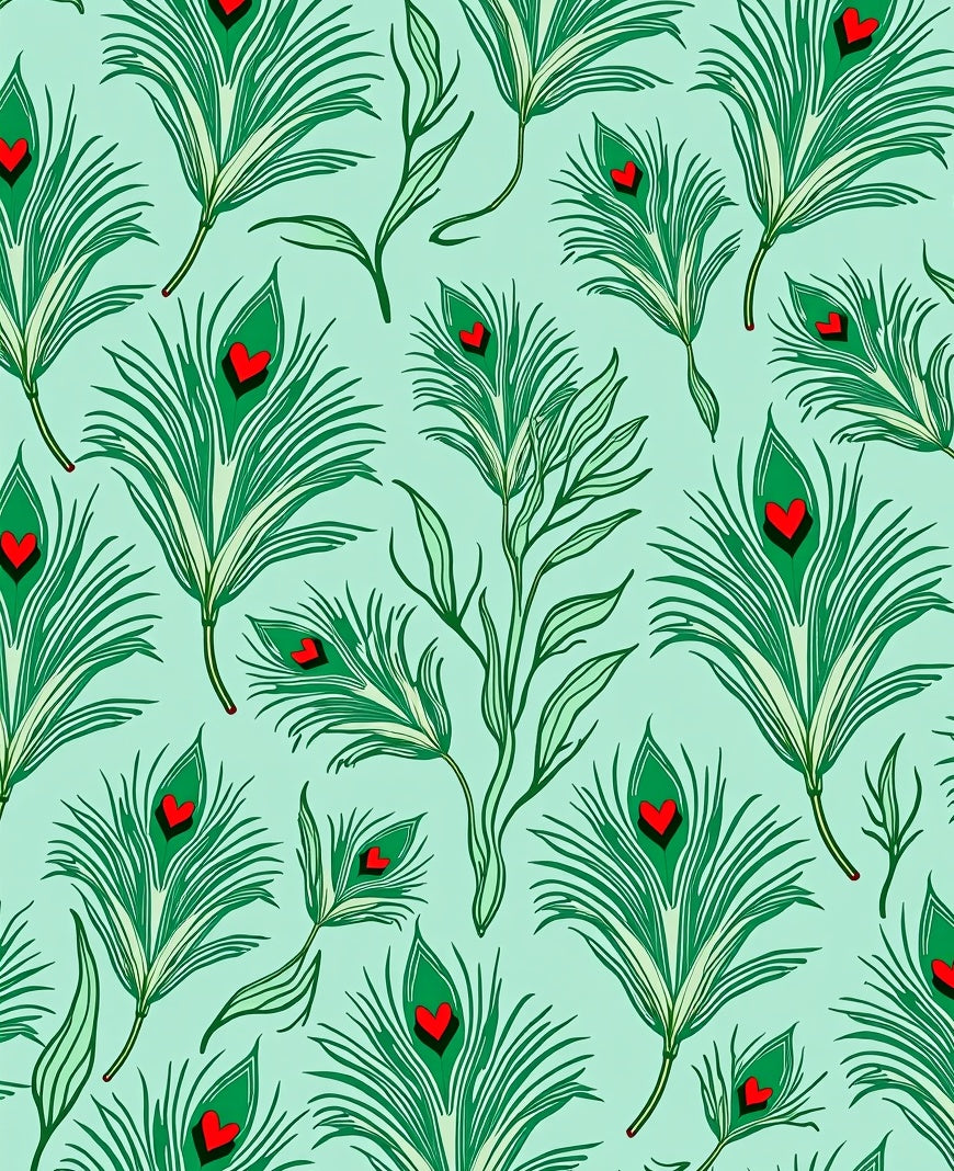 Green Peacock Feathers Red Hearts Rug
