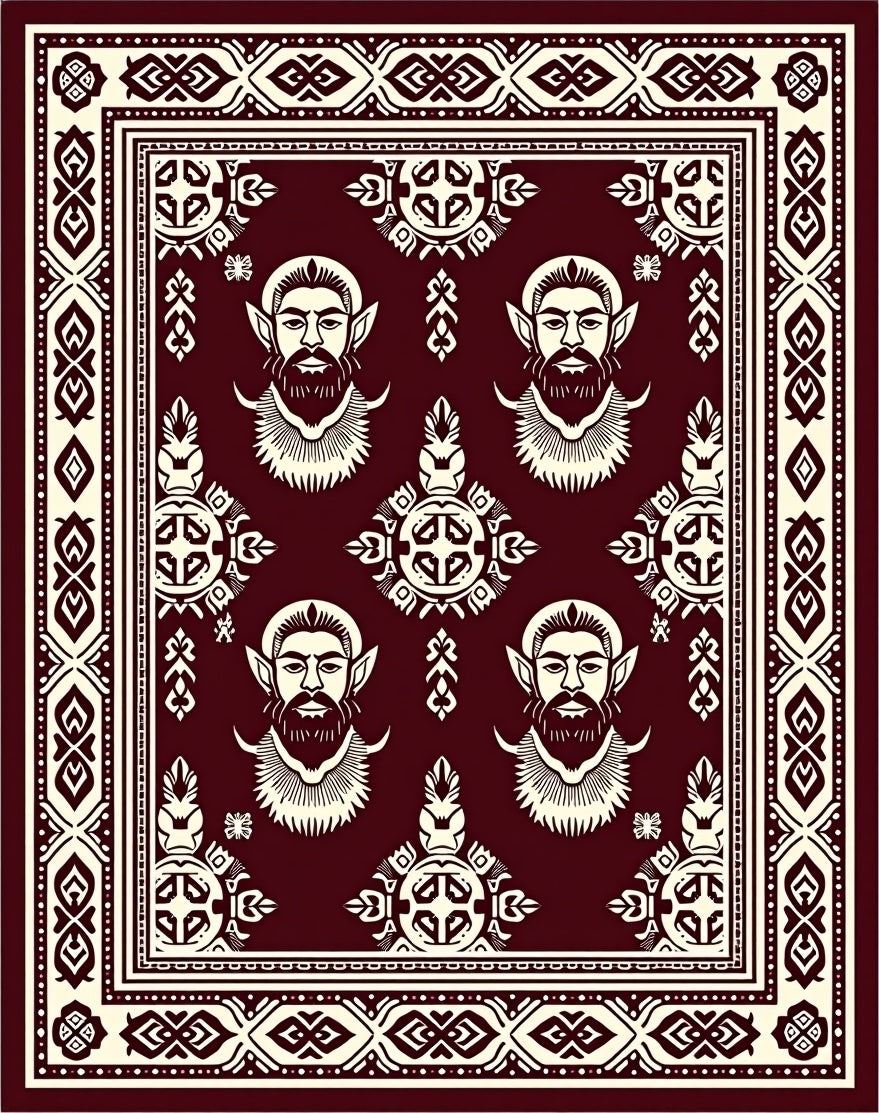 Crimson Bearded Faces Bordered Rug
