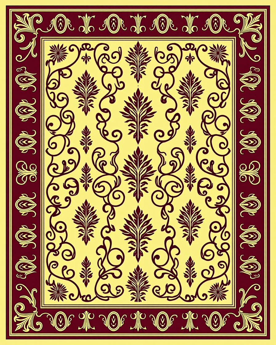 Deep Red Floral Damask Ivory Lattice Rug