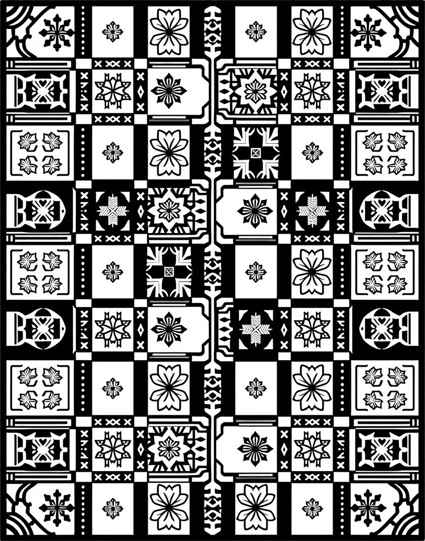 Monochrome Floral Geometric Patchwork Rug