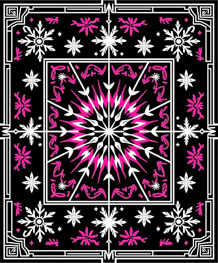 Hot Pink Snowflake Mandala Black Rug