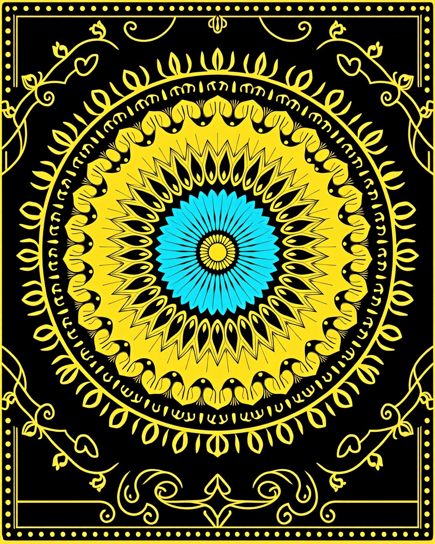Vibrant Yellow Blue Central Medallion Rug