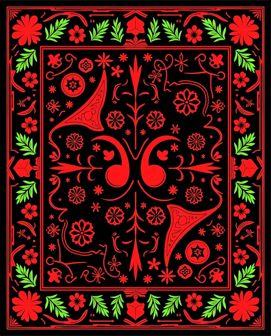 Bold Red Floral Folk Art Rug