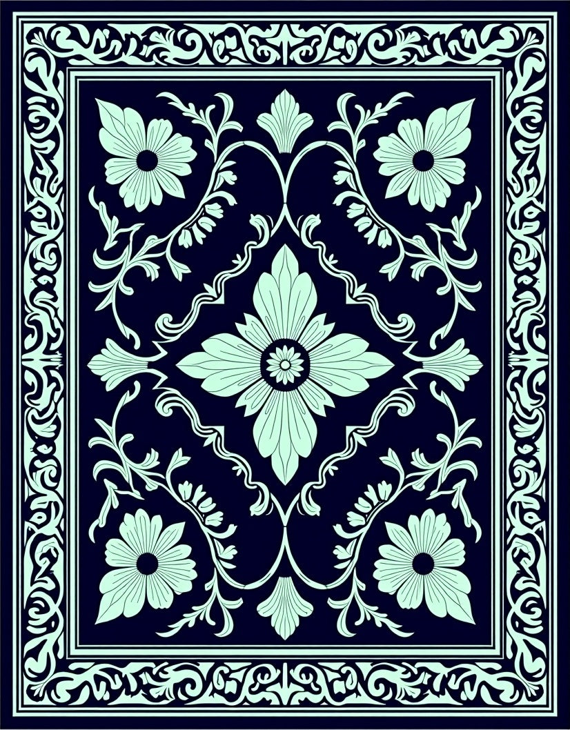 Navy Light Teal Floral Garden Rug