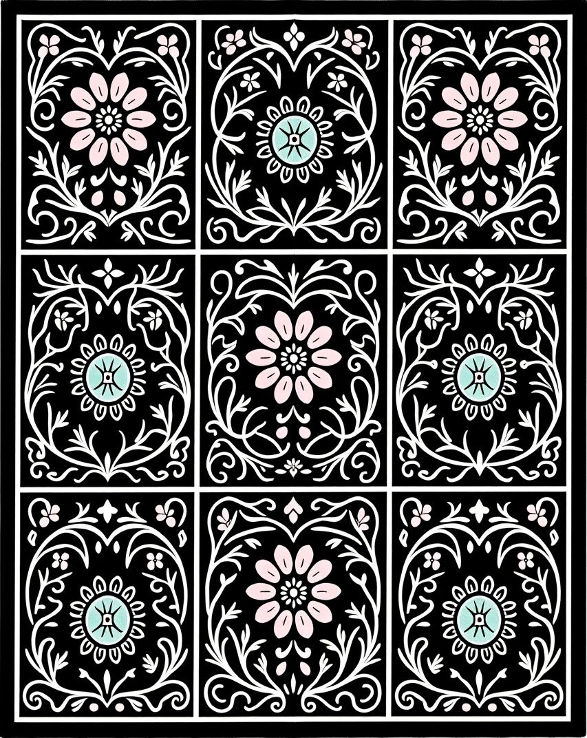 Art Nouveau Floral Black Pink Blue Rug