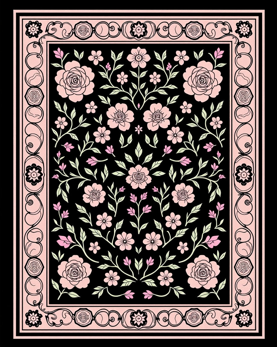 Pink floral garden black Rug