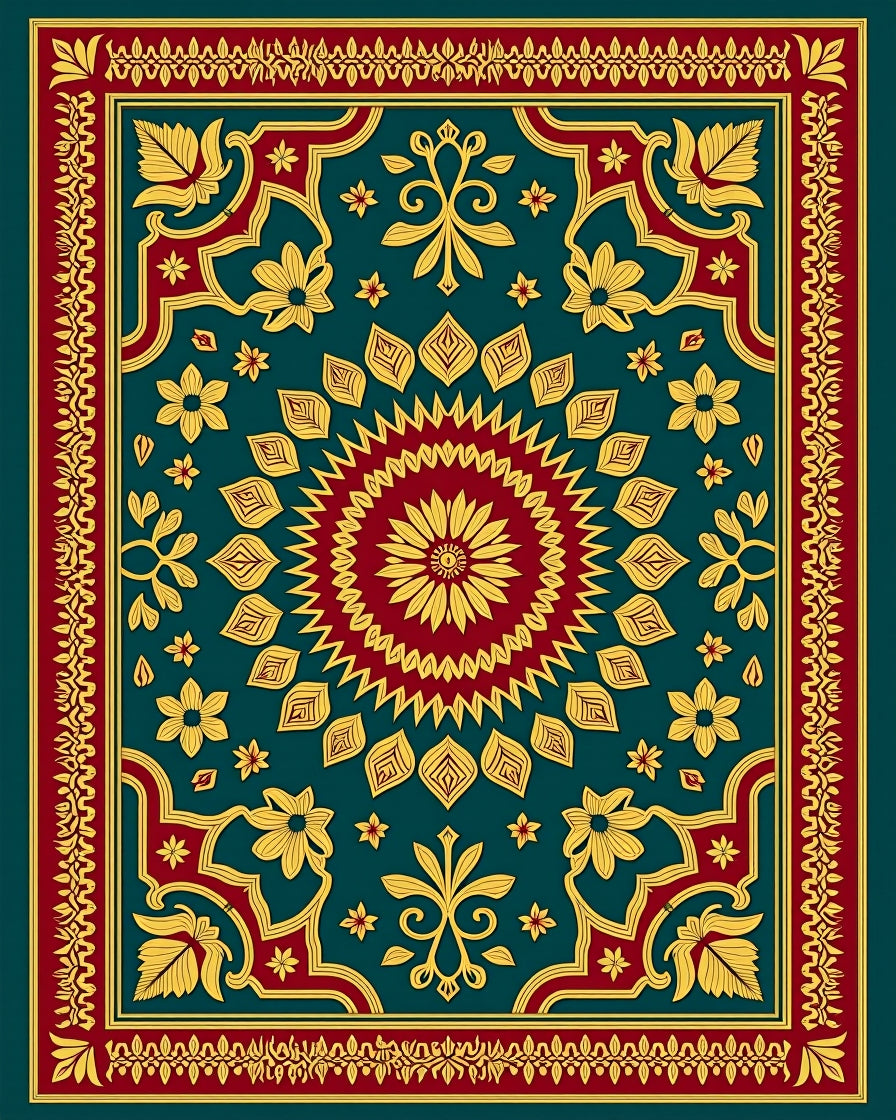 Deep Teal Floral Medallion Border Rug