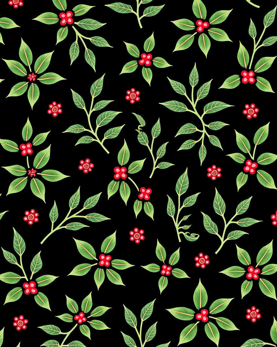 Red Berry Green Leaf Botanical Art Rug